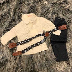 Infant dress up outfit with suspenders